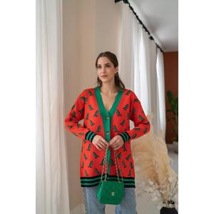 เสื้อคาร์ดิแกนถักลายสีส้มสำหรับผู้หญิง สไตล์ลำลอง คอวี แขนยาว สีตัดกัน - Product Image 3