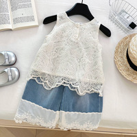 Ensemble de vêtements d'été pour enfants, 2 pièces, chemise sans manches en dentelle et jean en dentelle patchwork, ensemble de vêtements Offre Spéciale filles