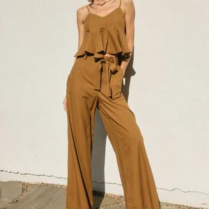 Nuevo Conjunto de Pantalones Anchos de Lino con Bolsillos con Cordón de Alta Calidad, Diseño Personalizado, Traje de 2 Piezas para Mujer - Product Image 1