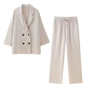 <span class=keywords><strong>Blazer</strong></span> doppiopetto effetto stropicciato da donna <span class=keywords><strong>con</strong></span> pantaloni larghi a vita alta regolabili set di due pezzi Mujer - Product Image 1