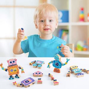 STEM Toys Fine Motor Skill Gift Boys Girls Fun 4pc Puzzle Wooden <b>Building</b> Stacking Robot <b>Set</b> - Product Image 6