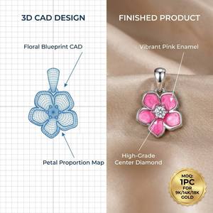 Colgante de Flor Rosa Radiante en Oro Sólido de 9K/14K/18K, Elegante Pétalo Esmaltado con Diamante de Laboratorio para Regalo - Product Image 1