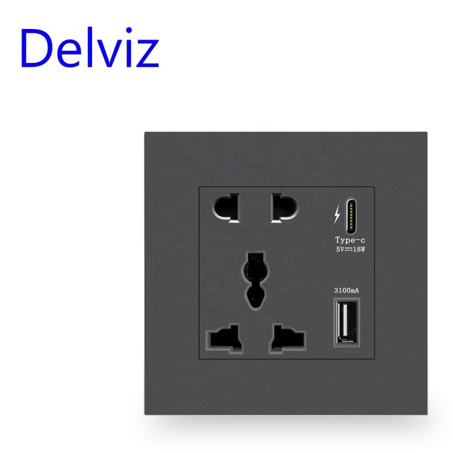 Delviz 13A International Universal Power Outlet, No Logo Panel, 5V USB Port, Wall Single Socket, 18W Type C Fast Charging Socket