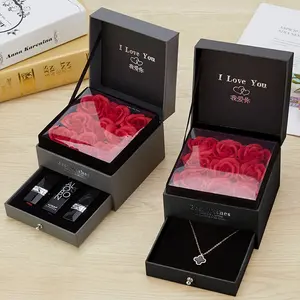 Novo Casamento Rose Gift Box Dupla Camada Gaveta 9PCS Batom Colar Anel Jóias Dia Dos Namorados Aniversário Presente Caixa De Embalagem