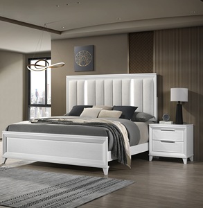 OE HOME <b>Queen</b> <b>Size</b> <b>Bed</b> 2xNightstand 3pc Set Panel Upholstered Cushion LED Lights Headboard White Finish Solid Wood Modern - Product Image 1