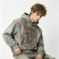 Sweat à capuche délavé pour homme, effet vieilli, bords bruts, imprimé graphique gris, en coton épais, coupe oversize, direct usine