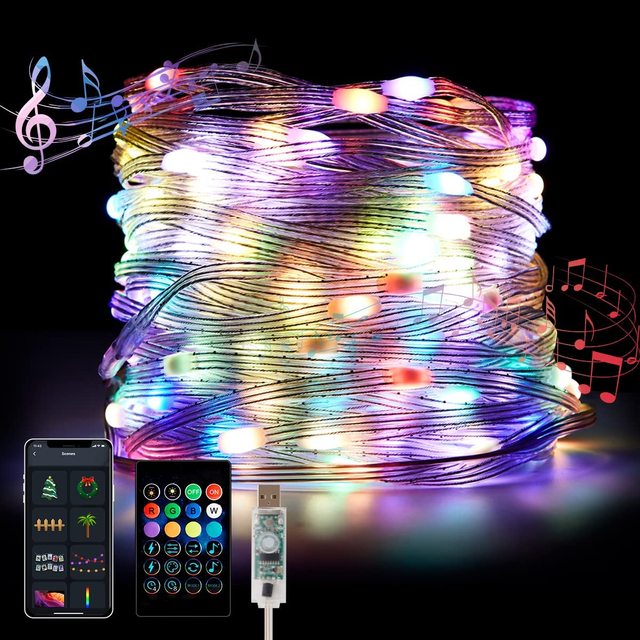 Smart Fairy String Lights 10M 100 LED RGB Music Sync Colour Changing, USB Powered WiFi Remote APP Control Waterproof