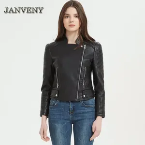 JANVENY 2023 New Spring Autumn Lapel Black Faux Leather Short Coat Women Rivet Zipper Turndown Collar Pu Leather Cropped Jacket