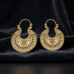 Ethnic Plain Hoop Earring Statement Gold Color <b>Boho</b> Earring Handmade Indian Antique Silver Carved Hoop Earrings - Product Image 3