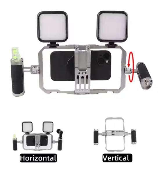 Universal Aluminum Alloy Handheld Phone Multifunctional Video Rig with Dual Anti-shake Stabilizer for Live Streaming Photography