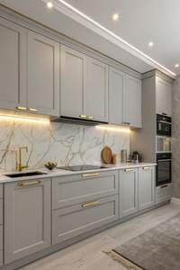 Cuisine modulaire verte moderne avec finition en bois, design minimaliste des poignées, éclairage LED doux et style contemporain élégant - Product Image 4