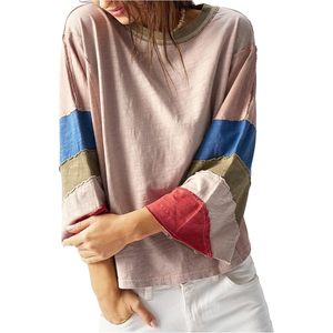 FOXA Women's <b>Patchwork</b> 3/4 Sleeve Oversized T-<b>Shirt</b> Crew Neck Color Block Baggy Top Regular Fit Woven Fabric - Product Image 1