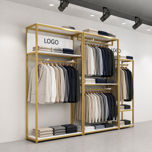 Étagères de présentation de vêtements en acier inoxydable doré sur mesure, 2 niveaux, sur pied, pour boutiques - Product Image 2