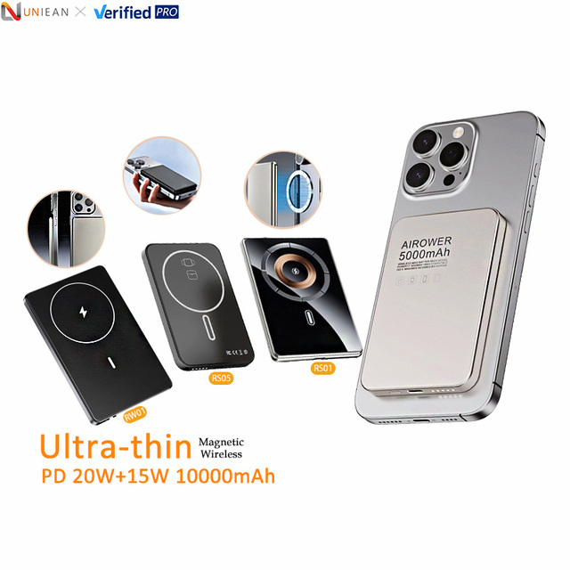 UNIEAN Portable UltraThin Magnetic Wireless Power Bank 5000mAh/10000mAh PD 20W 15W Fast Charging Holder Aluminum Alloy