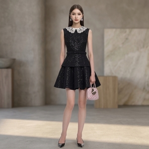 Nuovo Arrivo Autunno 2026: Abito Mini in Tweed Senza Maniche con <span class=keywords><strong>Colletto</strong></span> in Pizzo <span class=keywords><strong>Bianco</strong></span> e Paillettes Nere per Feste - Product Image 1