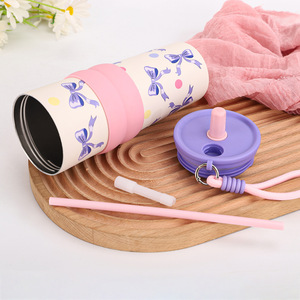 Gobelet à café créatif en gros, motif dessin animé, en acier inoxydable, isolé, avec cordon, mug portable avec paille pour l'extérieur - Product Image 3