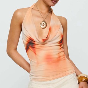 Top Estivo Personalizzato in Stile Vintage Elegante <span class=keywords><strong>Arancione</strong></span> con Collo Halter e Scollo Basso in Tessuto di Poliestere Intrecciato - Product Image 1