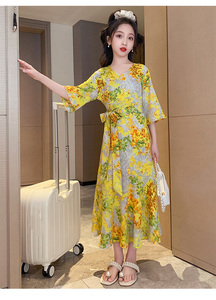 เดรสคอวีลายดอกไม้สีเหลืองสำหรับเด็กผู้หญิงชุดเดรส2023หรูหราสำหรับฤดูร้อน - Product Image 4