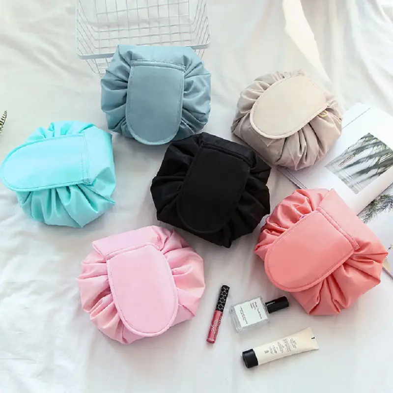 Women Polyester Capacity Lazy Drawstring Cosmetic Bag Travel Storage Pouch Makeup Bag