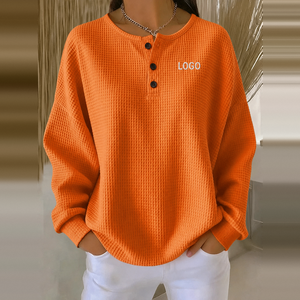 manufacturer custom embroidered <b>tops</b> <b>thermal</b> white waffle knit <b>women's</b> long sleeve t shirt - Product Image 2
