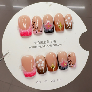 Lot de 10 faux ongles à presser en ABS, faits main, style français 3D, <span class=keywords><strong>orange</strong></span>, courts, avec strass, design rétro de luxe, forme amande, couverture complète pour les doigts - Product Image 2