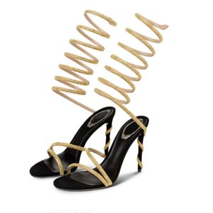Tacones de aguja sexys con correa larga de 10 cm, punta cuadrada, diseño de serpiente en espiral negra para mujer - Product Image 1