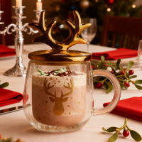Vente en gros de tasses à souhaits de Noël de 340 ml, en verre borosilicate à double paroi, en forme de bois de cerf dorés, avec couvercle sans BPA, anti-fuite