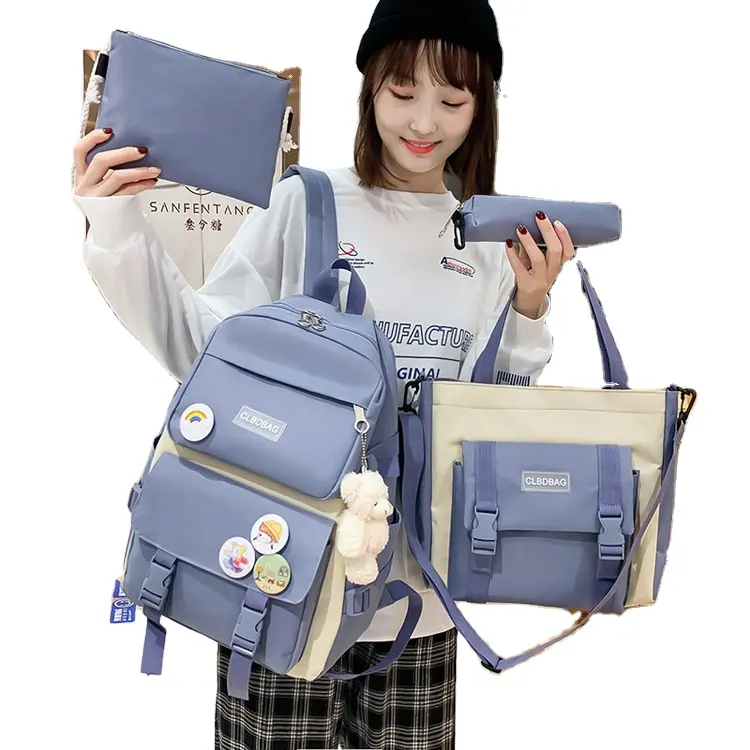 4 Pcs Set Oxford cloth Backpack Cute Girls College Student Kids Book Rucksack School Bag