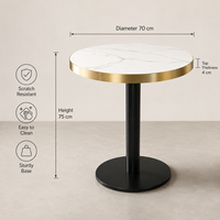 Table de bistrot ronde pour hôtel et café, plateau en pierre frittée, bord en aluminium doré, base en piédestal noir, vente en gros pour la restauration commerciale, OEM