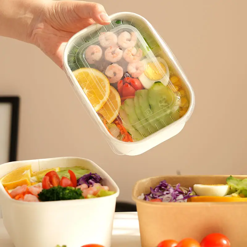 Cuenco de comida para llevar personalizado de fábrica, cuenco de papel Kraft para ensalada, cuenco cuadrado de papel rectangular desechable para ensalada