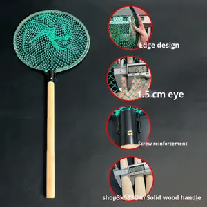 Épuisette à <span class=keywords><strong>manche</strong></span> en bois massif, ensemble complet, maille peu profonde tressée à la main, bord en fil épais anti-abrasion, pour la capture de crabes, homards et fruits de mer - Product Image 2