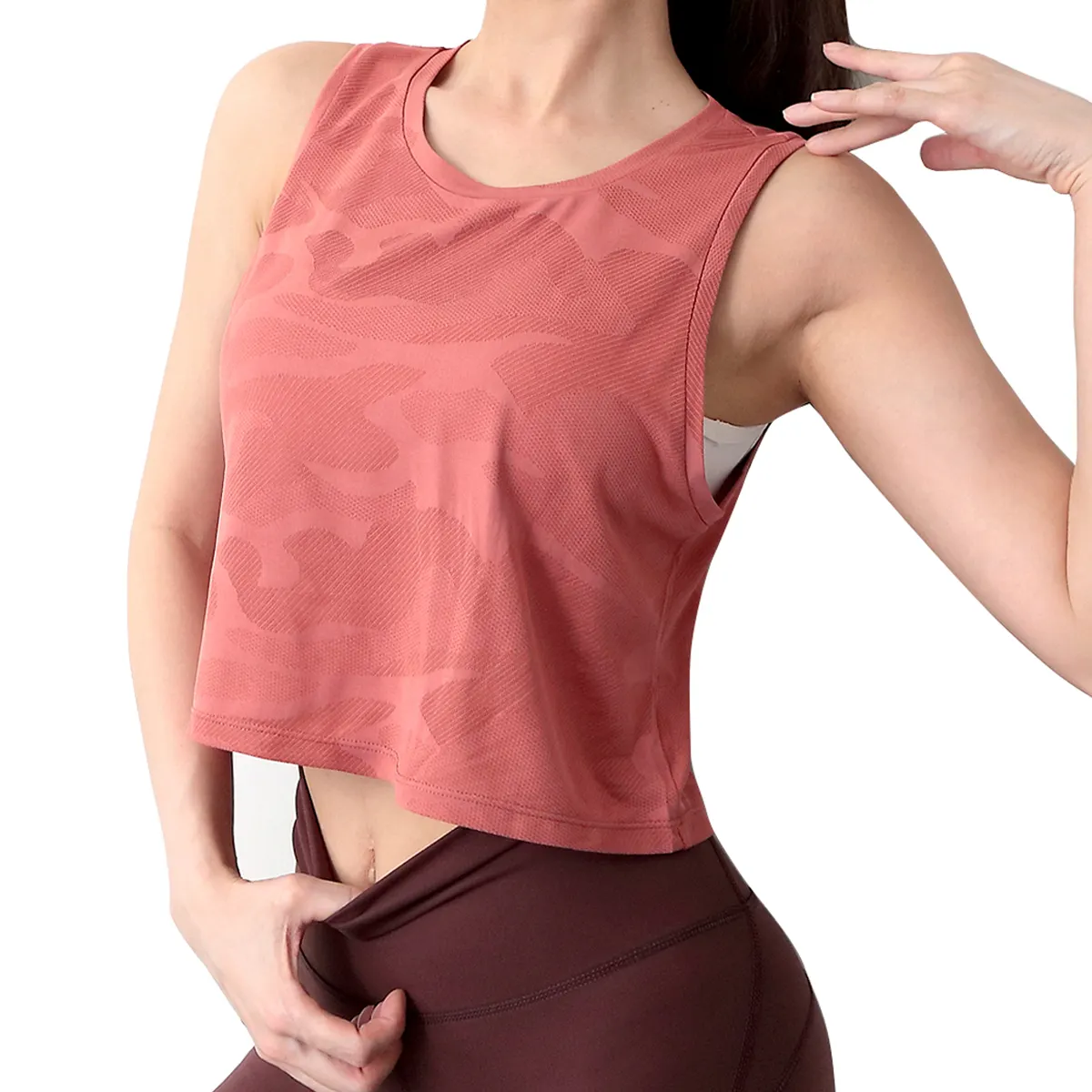 Camiseta sin mangas de entrenamiento para mujer, Top corto de camuflaje suave y suelto para gimnasio y Yoga