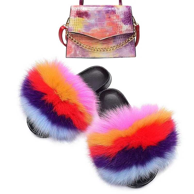 Wholesale fuzzy furry Small fur Fox fur women's slippers jelly bag Jamaican Fur Slides with Matching Purses Set