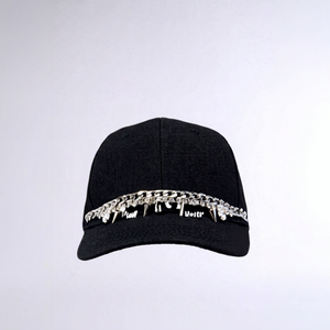 <b>Black</b> Punk Style <b>Baseball</b> <b>Cap</b> with Silver Chain Rhinestone Spikes Adjustable Unisex 6-Panel 100% Cotton Four Seasons Hat - Product Image 1