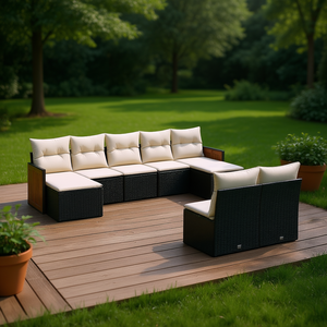 Conjunto de Sofás Modulares de Jardín en Poliratán Negro, Muebles de Exterior de Diseño Contemporáneo con Cojines de Espuma de Alta Densidad - Product Image 2