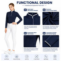 Damen-Reitpoloshirt in Marineblau mit Stehkragen, Knopfleiste, Weißer Paspelierung, Atmungsaktivem Mesh, für Reitwettbewerbe, OEM-Anpassung