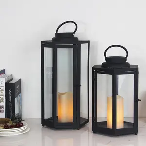 Black Geometric Battery Operated Modern Candle Holder Flameless LED Metal Candle Lantern For Indoor Decor