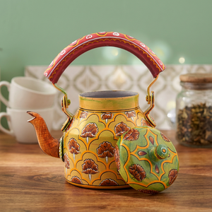 Tea Kettle With <b>Lid</b> Hand Painted Floral Design Yellow Green Red Handle Water <b>Pot</b> - Product Image 4
