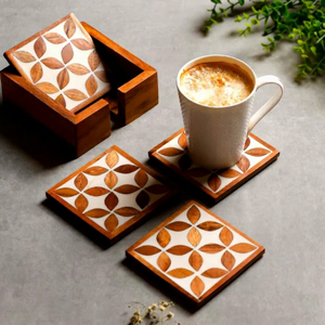 Modern Wooden Square <b>Coasters</b> Set with Leaf Pattern Non-Slip Table Mats for Coffee and Dining Table Decor - Product Image 1