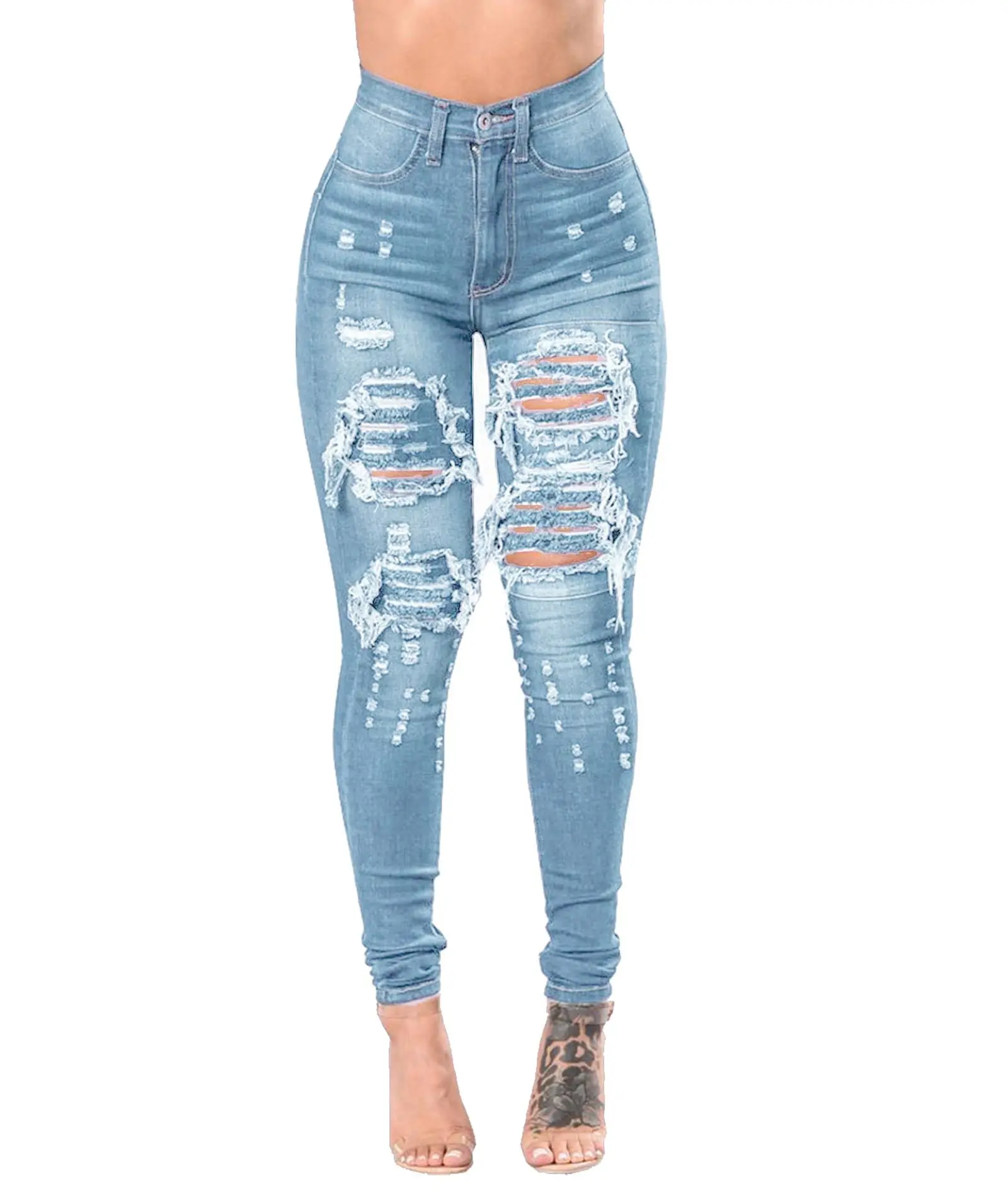 New Fashion Women Mid Waist Denim Ripped Jeans Long Pants Female Ladies Broken Hole Trousers Slim Pencil Jeans