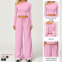 ACX8004+ACK8004 Conjunto Deportivo Informal para Mujer, Top Corto de un Hombro, Pantalones Anchos con Cintura Elástica y Cordón Ajustable, para Gimnasio, Yoga y Entrenamiento