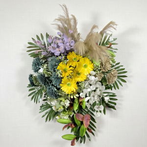 Artificial Mixed Flower Bouquet Decorative Floral Arrangement with Yellow Daisies White Orchids and Green <b>Wreaths</b> and Swags - Product Image 1
