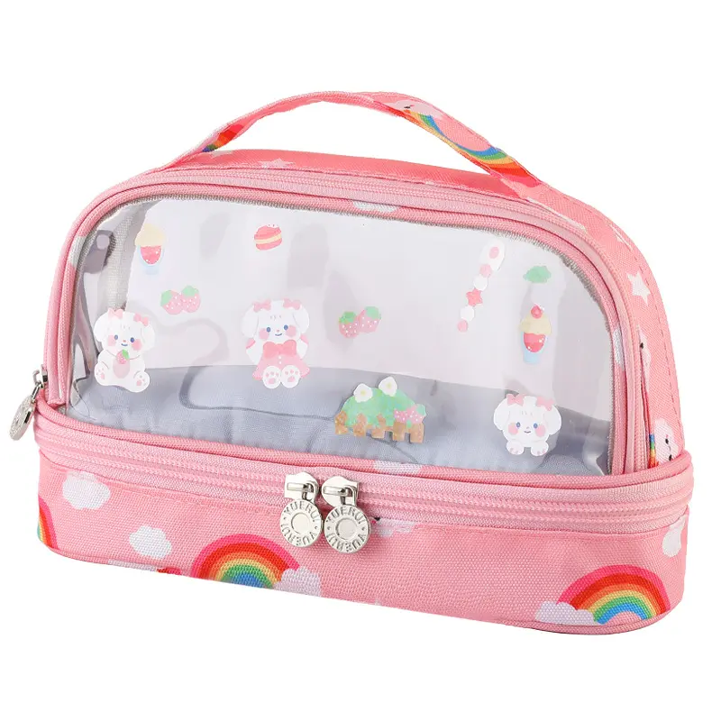 New transparent cute stationery storage pen box large capacity double-layer rainbow pencil case