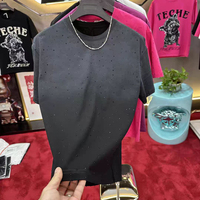T-Shirt Rond à Manches Courtes Été Décontracté pour Hommes, en Coton Uni 260g, Orné de Strass de Haute Qualité, Style Rétro et Tendance