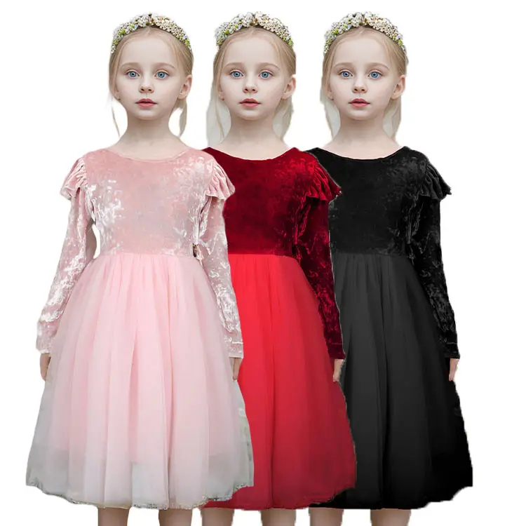 2023 Baby Girl Wedding Dress 10 Years Girls Autumn Long Sleeve Princess Dress Children Velvet Lace Party Dress Christmas Clothes