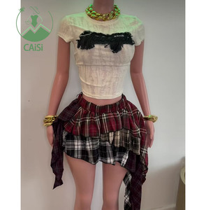 Set rok trendi 2 potong, set kaus lengan pendek perca dan rok Mini kotak-kotak, set rok serasi dua potong untuk wanita - Product Image 1