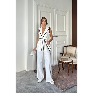 Ensemble pantalon et gilet à détails piping avec ceinture blanc pour femme taille S - Product Image 5