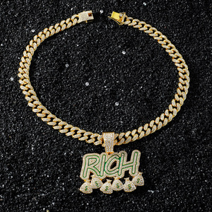 Nouveau Design Personnalisé Hip Hop Bijoux Micro Pave Strass Lettre RICH Moneybags Pendentif Or Cubain Lien Chaîne Collier - Product Image 6