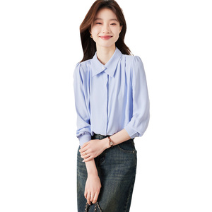 Women's Blue Long Sleeve Shirt Solid Color Poplin Workwear Office Wear - Product Image 5