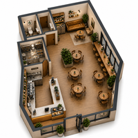 Solution clé en main pour café commercial, design intérieur 3D personnalisé, style minimaliste moderne, bois écologique, robuste, bar à café